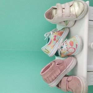 3 pairs baby Van's 5, 5.5 and 7 pink mid with fringe, turquoise fruits, pink